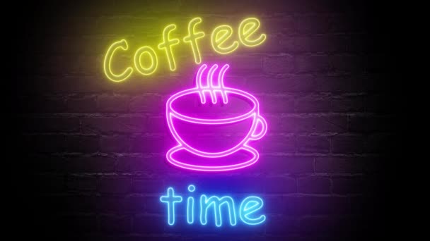 Neon koffie tijd teken animatie op baksteen muur achtergrond. Cup koffie teken naadloos lussen. — Stockvideo