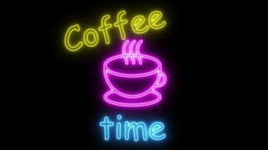 Siyah arka planda neon kahve saati animasyonu. Kahve fincanı kusursuz döngü işareti.