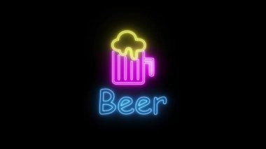Siyah arka planda neon ışıklı bira. Bira çubuğu düz döngü işareti.