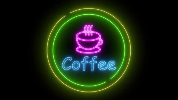 Neon koffie teken animatie op zwarte achtergrond. Cup koffie teken naadloos lussen. — Stockvideo