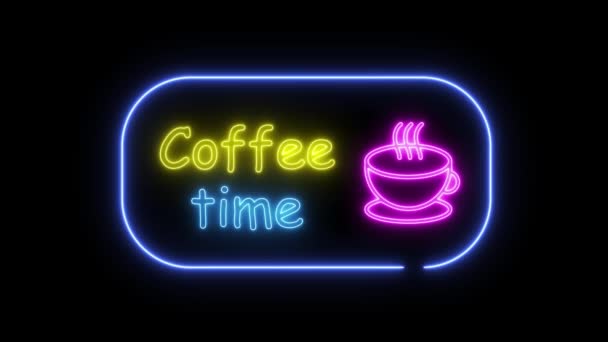 Tiempo de café neón signo de animación sobre fondo negro. Taza de café signo de bucle sin costura . — Vídeos de Stock