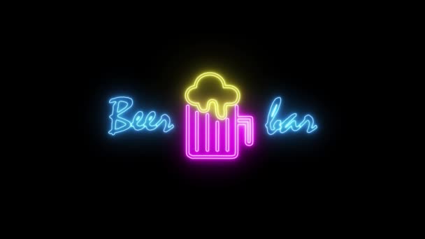 Bierbar neon signboard licht op zwarte achtergrond. Bierstaafje naadloos lussen. — Stockvideo