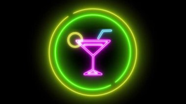 Siyah arka planda kokteyl çubuğu neon ışığı. Kokteyl çubuğu işaretleri kusursuz döngü oluşturur.