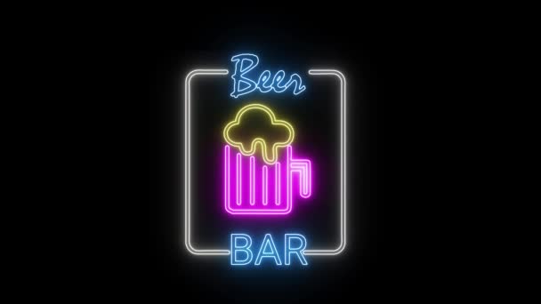 Bière bar néon panneau lumineux sur fond noir. Bière bar signe boucle sans couture . — Video