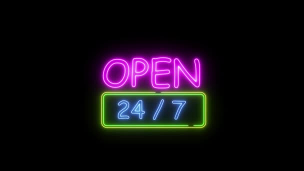 Neon aperto 24 segno animazione su sfondo muro di mattoni. Segno aperto loop senza soluzione di continuità . — Video Stock