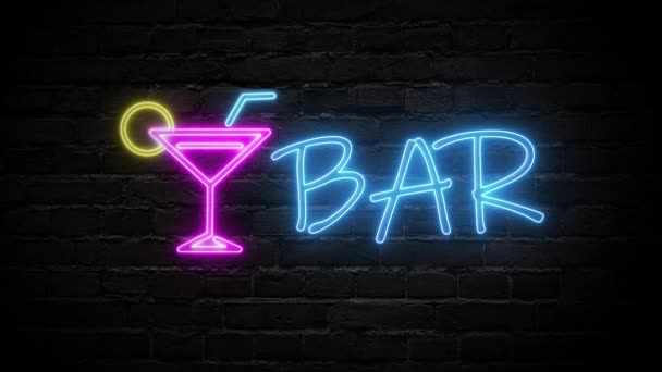 Bar neon segno luce su sfondo muro di mattoni. Cocktail bar segno loop senza soluzione di continuità . — Video Stock