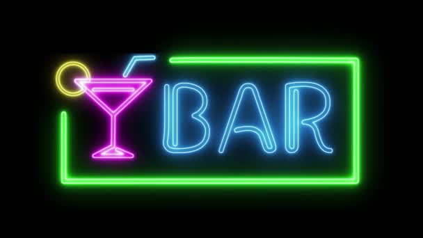 Batang lampu neon dalam bingkai pada latar belakang hitam. Cocktail bar sign seamless looping. — Stok Video