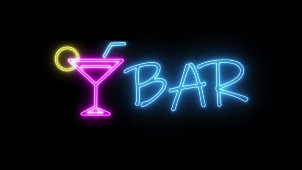 Bar neon licht in frame op zwarte achtergrond. Cocktail bar teken naadloos lussen. — Stockvideo