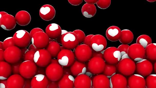 Анимация падения и заполнения экрана красными шарами с сердцами, как символ пальца на черном фоне. 4K анимация с альфа-каналом . — стоковое видео