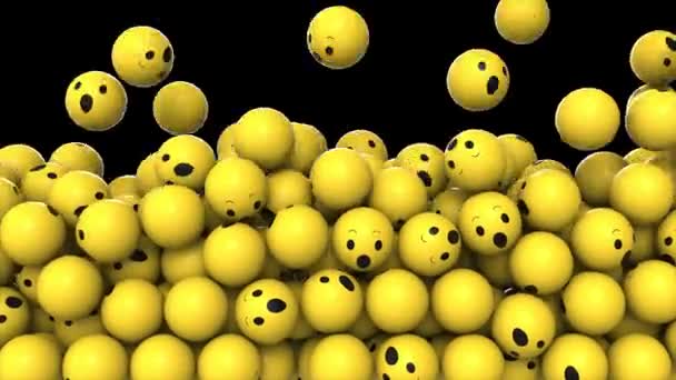 Rekaman redaksi: Animasi jatuh dan mengisi layar bola kuning dengan emosi wow emoji di latar belakang hitam. Animasi 4K dengan kanal alfa. — Stok Video