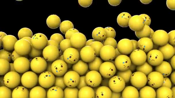 Editorial Footage: Animation des Fallens und Füllens gelber Bälle mit weinenden Emojis auf schwarzem Hintergrund. 4K-Animation mit Alphakanal. — Stockvideo