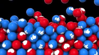 Editör görüntüleri: Düşen ve dolduran ekranın animasyonu kırmızı ve mavi toplar ile kalpler siyah arkaplanda parmak sembolünü sever. Alfa kanalı ile 4K canlandırması.