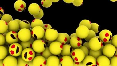 Editör görüntüleri: Düşen ve ekranı kırmızı toplarla dolduran animasyon siyah arka planda aşk emojisi. Alfa kanalı ile 4K canlandırması.