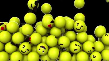 Editör görüntüleri: Düşen ve sarı topları dolduran animasyon siyah arkaplanda farklı ifade ifadeleriyle. Alfa kanalı ile 4K canlandırması.