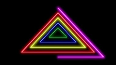 Neon ışıklı üçgenli soyut arkaplan, döngülü animasyon. Siyah arkaplanda renkli parlak çizgiler