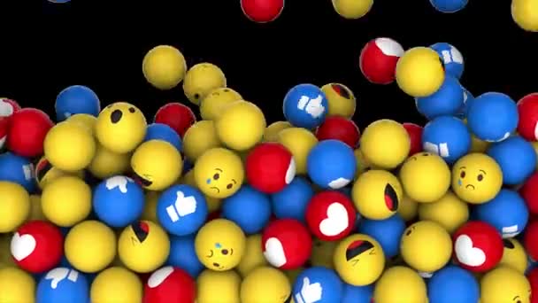 Εκδοτική πλάνα: Κινούμενα σχέδια της πτώσης και γεμίζοντας την οθόνη κόκκινες, κίτρινες και μπλε μπάλες με διαφορετικά χαμόγελα emoji, καρδιές, συμπαθεί το σύμβολο δακτύλων στο μαύρο υπόβαθρο. 4K animation με κανάλι άλφα. — Αρχείο Βίντεο