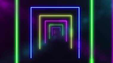 Neon tüneli parlak çizgileriyle soyut arka plan geometrik şekiller, döngülü animasyon. Bulanık arkaplan ile renkli ışıklar ızgara döngüsü.