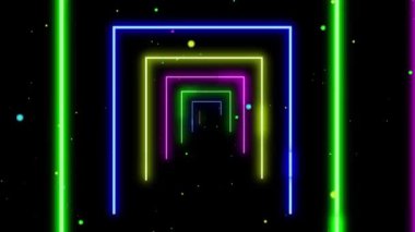 Neon tüneli parlak çizgileriyle soyut arka plan geometrik şekiller, döngülü animasyon. Bulanık arkaplan parçacıkları ile neon ışıkları ızgara döngüsü.