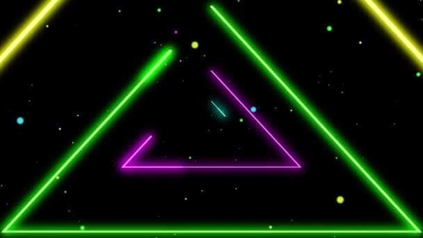 Abstracte achtergrond met neon lichten driehoeken, lussen animatie. Gekleurde heldere lijnen bij wazig donkere achtergrond met deeltjes — Stockvideo
