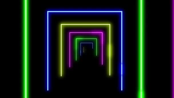 Fond abstrait avec tunel néon lignes lumineuses formes géométriques, animation en boucle. Fond de la grille de lumières colorées.