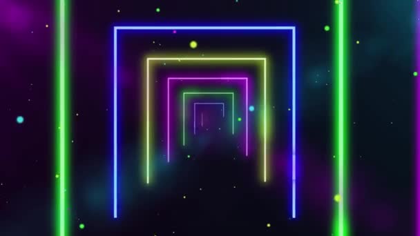 Abstraktní pozadí s neonovým tunel jasné linie geometrické tvary, smyčka animace. Mřížka neonových světel s částicemi na tmavém rozmazaném pozadí. — Stock video