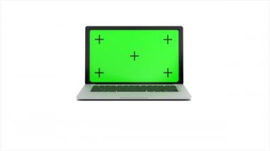 Yeşil ekranlı modern laptop beyaz arka planda görünür ve açılır. Alfa kanalında 4K animasyon. 3B görüntüleme