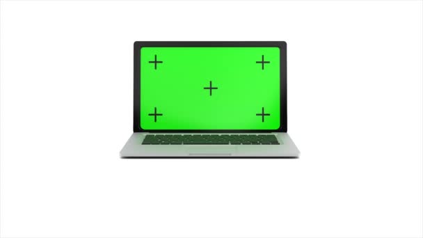 Aparece un portátil moderno con una pantalla verde y se abre sobre un fondo blanco. Animación 4K con canal alfa. Renderizado 3D — Vídeos de Stock