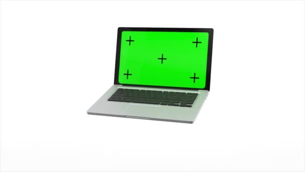 Moderno portátil con una pantalla verde se abre sobre un fondo blanco. Animación 4K con canal alfa. Renderizado 3D — Vídeo de stock