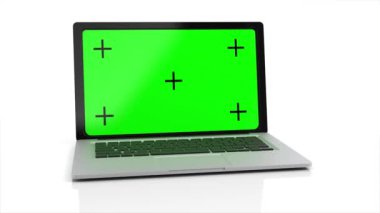 Beyaz arka planda yeşil ekranlı modern bir laptop açılıyor. Alfa kanalında 4K animasyon. 3B görüntüleme