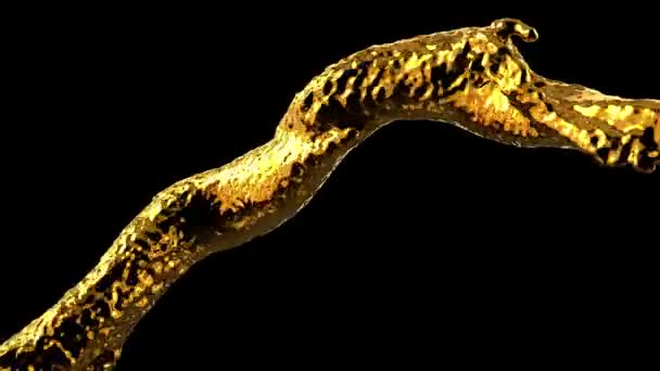 Flux de liquide doré 3d séquences réalistes. Déversement de liquide orange isolé sur fond noir. éclaboussures d'huile, miel, bière, éclaboussures de whisky gros plan.