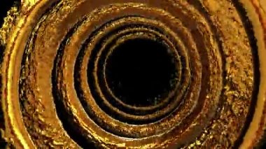 Altın sıvı alfa kanalıyla küreye sıçramış ve merkeze doğru çekilmiştir. Saf siyah arkaplanda ayrılmış.