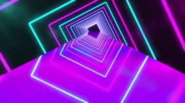 Mor ışıklı gelecekçi neon tüneli. Parlayan neon parlak çizgilerin soyut 3D animasyonu geometrik şekiller ve ayna yansıması
