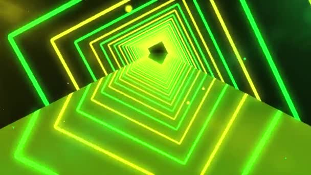 Futuristico tunnel al neon con luci gialle e verdi con particelle. Animazione astratta 3d di linee luminose al neon luminose forme geometriche e riflesso a specchio — Video Stock