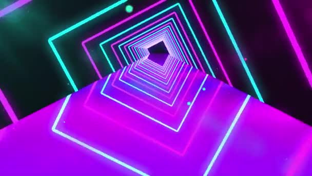Futurisztikus neon alagút lila fényekkel és részecskékkel. Absztrakt 3D animáció izzó neon fényes vonalak geometriai formák és tükörreflexió — Stock videók