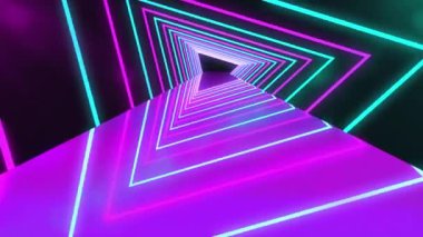Mor ışıklı, partiküllü fütürist neon tüneli. Parlayan neon parlak çizgilerin soyut 3D animasyonu geometrik şekiller ve ayna yansıması