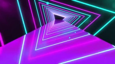Mor ışıklı, partiküllü fütürist neon tüneli. Parlayan neon parlak çizgilerin soyut 3D animasyonu geometrik şekiller ve ayna yansıması