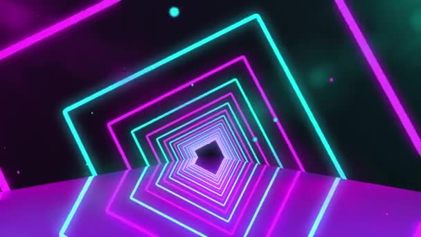 Futurisztikus neon alagút lila fényekkel és részecskékkel. Absztrakt 3D animáció izzó neon fényes vonalak geometriai formák és tükörreflexió — Stock videók