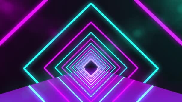 Futuristický neonový tunel s fialovými světly. Abstraktní 3D animace zářících neonových jasných čar geometrických tvarů a zrcadlového odrazu
