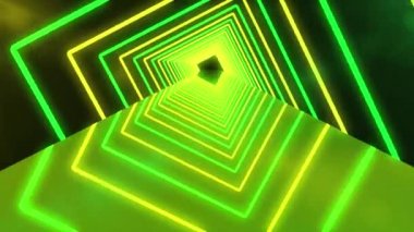 Sarı ve yeşil ışıkları olan fütürist neon tüneli. Parlayan neon parlak çizgilerin soyut 3D animasyonu geometrik şekiller ve ayna yansıması