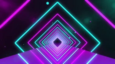 Mor ışıklı, partiküllü fütürist neon tüneli. Parlayan neon parlak çizgilerin soyut 3D animasyonu geometrik şekiller ve ayna yansıması