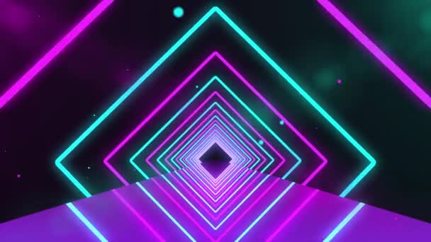 Futuristic neon tunnel with purple lights with particles. Abstract 3d animation of glowing neon bright lines geometric shapes and mirror reflection — Stock Video