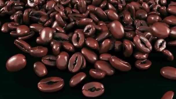 Καφές φασόλια πτώση 3d animation σε μαύρο φόντο, closeup. Κανάλι Άλφα. Κόκκοι καφέ πέφτουν. — Αρχείο Βίντεο