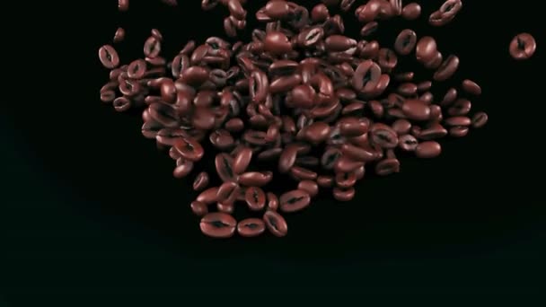 Kávová zrna padající 3D animace na černém pozadí, detailní záběr. Alfa kanál. Coffee Beans Fall. — Stock video