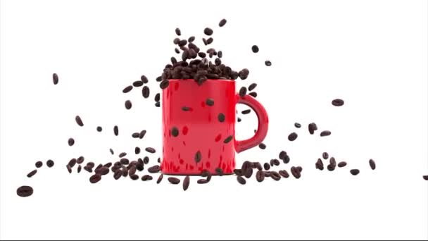 Кофейные зерна падают в красной чашке на белом фоне, крупным планом. Альфа канал. Кофе-бобы осенью. 3d анимация — стоковое видео
