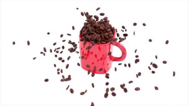 咖啡豆落在红色杯子的白色背景，特写。阿尔法频道咖啡豆秋天。3D动画 — 图库视频影像