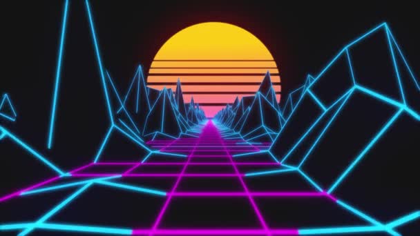 Paesaggio orizzonte Retrowave con luci al neon e terreno basso poli. Anni '80 retro sfondo loop animazione . — Video Stock