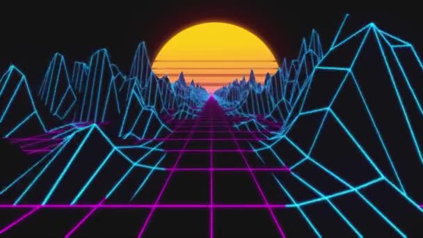 Retrowave horizon landscape with neon lights and low poly terrain.80年代レトロバックグラウンドループアニメーション. — ストック動画