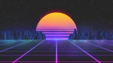 Dağlar, güneş ve parlayan yıldızlarla donatılmış 3 boyutlu klasik animasyon arka planı. 80 'lerin geçmişe dönük fütüristik bilim kurgu kusursuz döngüsü.