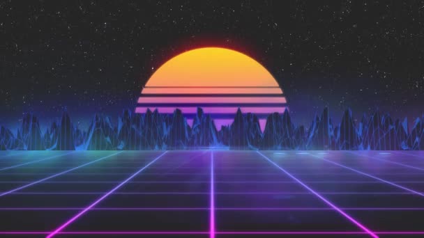 Stylized vintage 3D animation background with mountains, sun and glowing stars. 80s retro futuristic sci-fi seamless loop. — Stock Video