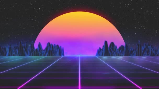 Fundo de animação 3D vintage estilizado com montanhas, sol e estrelas brilhantes. 80s retro futurista sci-fi loop sem costura . — Vídeo de Stock